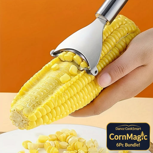 Corn shucker being used on a cob of corn with an orange background
