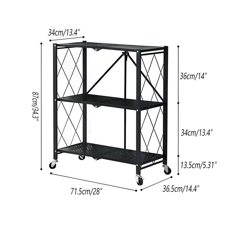 Danoz - 3 - Tier Black Foldable Kitchen Storage Rack No - Drill Microwave Oven Shelf Stand - danozdirect