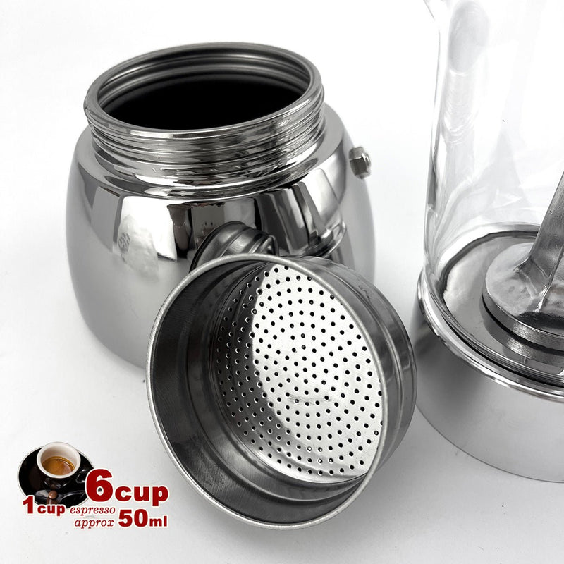 Danoz Appliances 🧑‍🍳🥘Borosilicate Glass Stainless Steel Moka Pot Coffee Maker Italian Espresso 6Cups - danozdirect