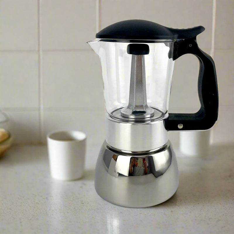 Danoz Appliances 🧑‍🍳🥘Borosilicate Glass Stainless Steel Moka Pot Coffee Maker Italian Espresso 6Cups - danozdirect