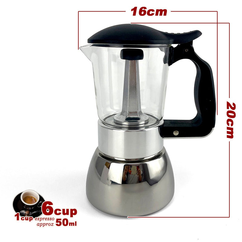 Danoz Appliances 🧑‍🍳🥘Borosilicate Glass Stainless Steel Moka Pot Coffee Maker Italian Espresso 6Cups - danozdirect