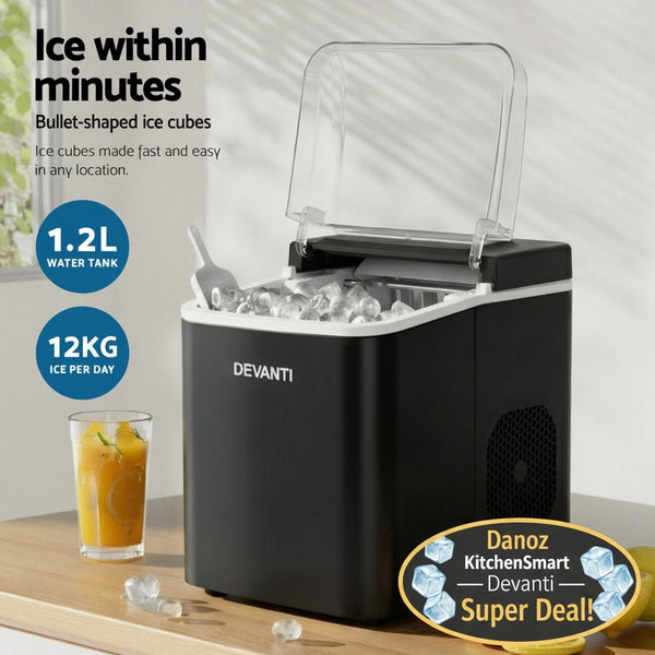 Danoz Appliances Devanti Ice Maker Machine Portable 12kg Countertop w/Self Cleaning 1.2L Black - danozdirect