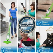 Danoz SteamSmart cleaning device with images of a woman using it for floor, window, and garment cleaning.