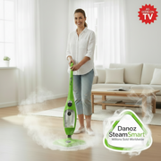 Woman using a green steam cleaner in a living room with 'As Seen on TV' and 'Danoz SteamSmart' branding.