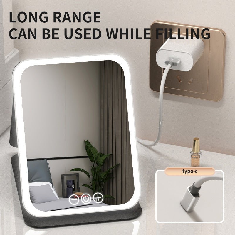 Danoz Beauty - Black Large Foldable LED Makeup Mirror - Portable Desktop Vanity with 3 Color Lights, Stepless Dimming & Adjustable Stand - danozdirect
