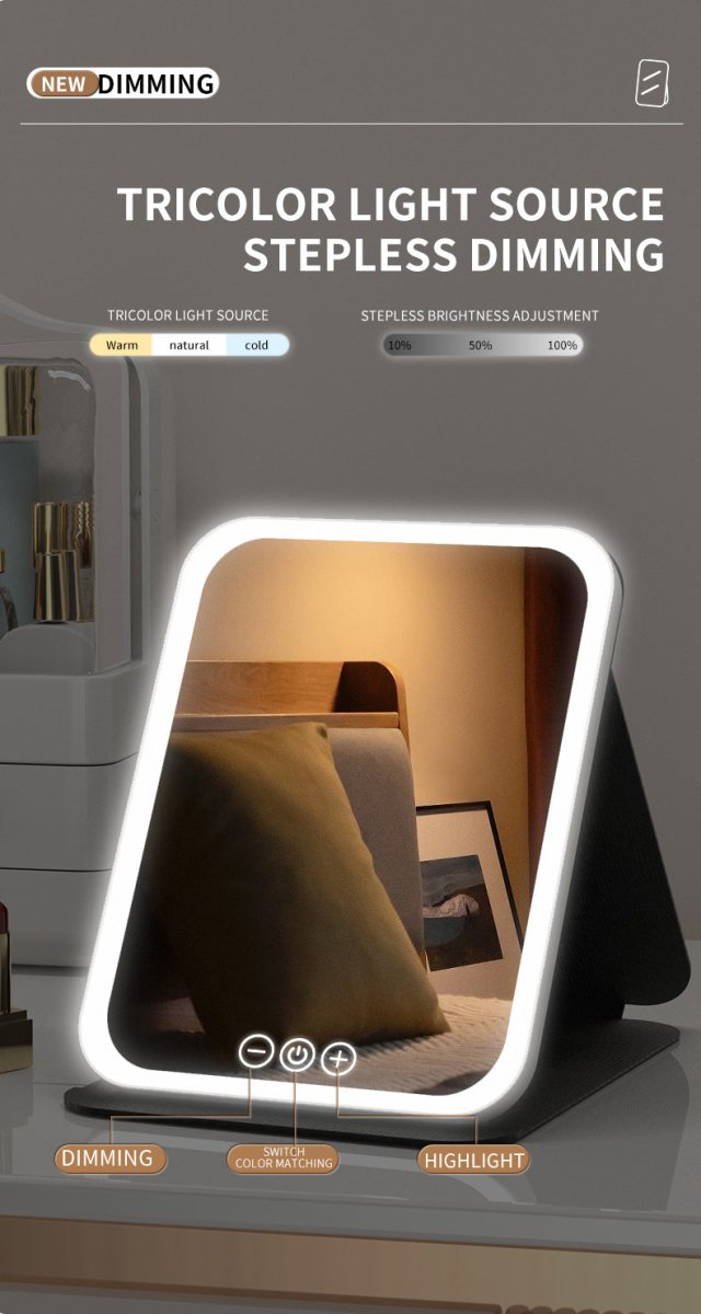 Danoz Beauty - Black Large Foldable LED Makeup Mirror - Portable Desktop Vanity with 3 Color Lights, Stepless Dimming & Adjustable Stand - danozdirect