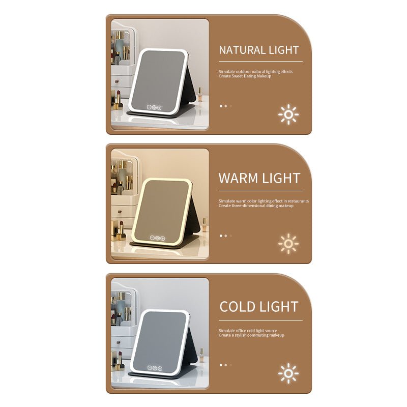 Danoz Beauty - Black Large Foldable LED Makeup Mirror - Portable Desktop Vanity with 3 Color Lights, Stepless Dimming & Adjustable Stand - danozdirect