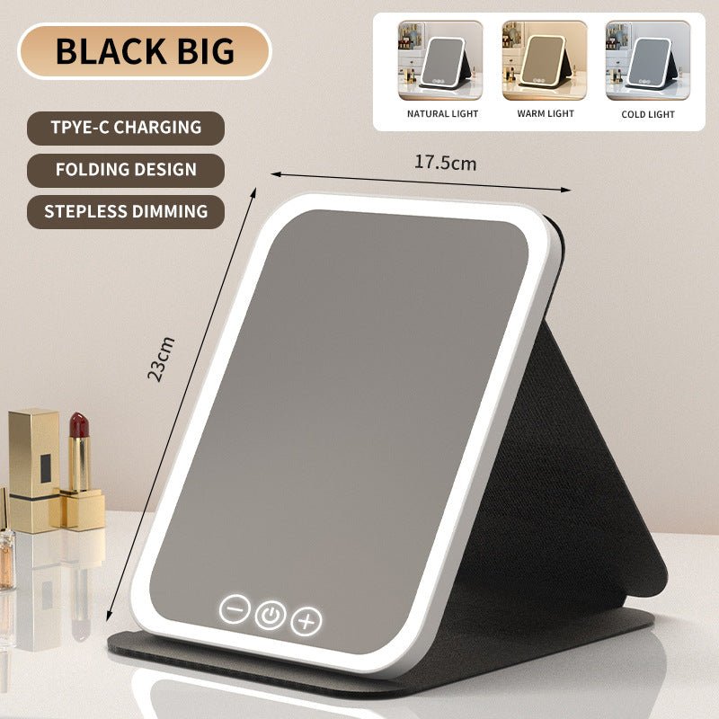 Danoz Beauty - Black Large Foldable LED Makeup Mirror - Portable Desktop Vanity with 3 Color Lights, Stepless Dimming & Adjustable Stand - danozdirect