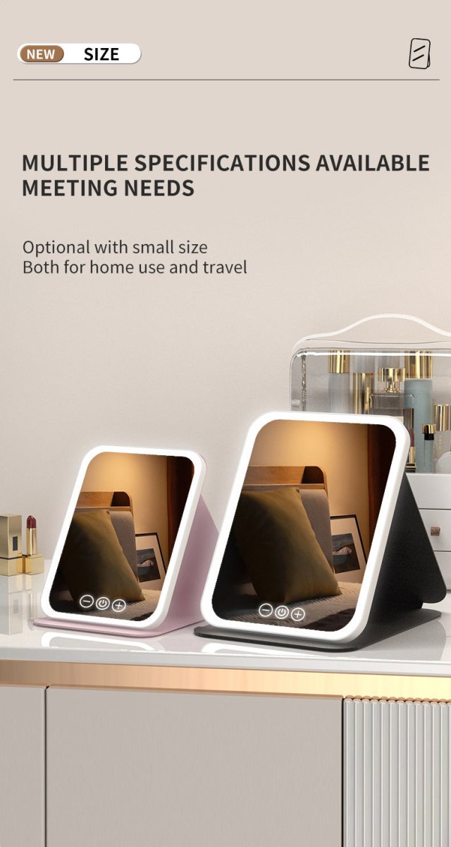 Danoz Beauty - Black Large Foldable LED Makeup Mirror - Portable Desktop Vanity with 3 Color Lights, Stepless Dimming & Adjustable Stand - danozdirect