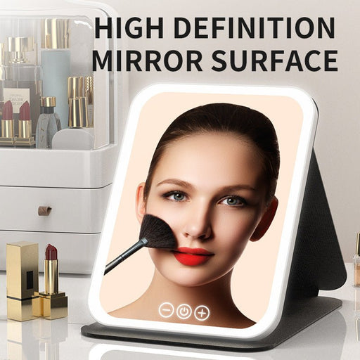 Danoz Beauty - Black Large Foldable LED Makeup Mirror - Portable Desktop Vanity with 3 Color Lights, Stepless Dimming & Adjustable Stand - danozdirect
