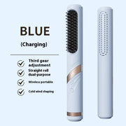 Danoz Beauty - Blue Portable USB Rechargeable Cold Wind Ionic Hair Straightening Brush, Multi - Functional Hair Straightener and Curler, Lightweight and Travel - Friendly - danozdirect