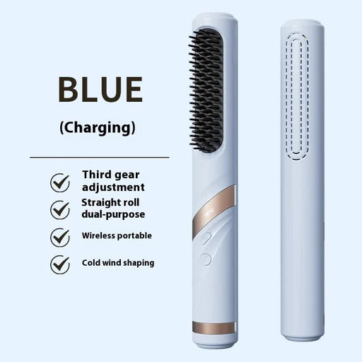 Danoz Beauty - Blue Portable USB Rechargeable Cold Wind Ionic Hair Straightening Brush, Multi - Functional Hair Straightener and Curler, Lightweight and Travel - Friendly - danozdirect
