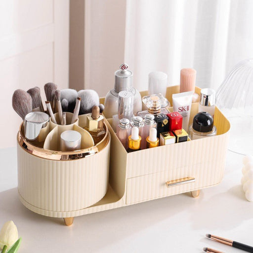Danoz Beauty - Cream Color Rotating Makeup Organizer Box - Multi - Compartment Cosmetic Storage - danozdirect