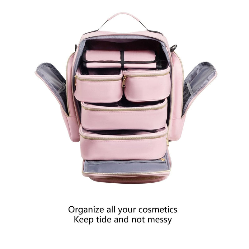 Danoz Beauty - Large Capacity Travel Makeup Backpack with 5 Removable Organizer Cases & Jewelry Roll(pink) - danozdirect