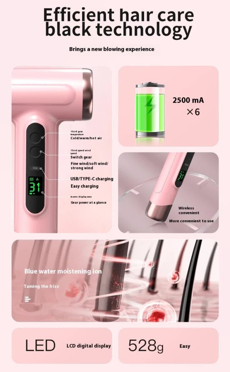 Danoz Beauty - Pink wireless Hair Dryer with Cold & Hot Air, Portable Large - Capacity USB Rechargeable Ionic Dryer, Fast - Drying, Compact for Home and Travel - danozdirect