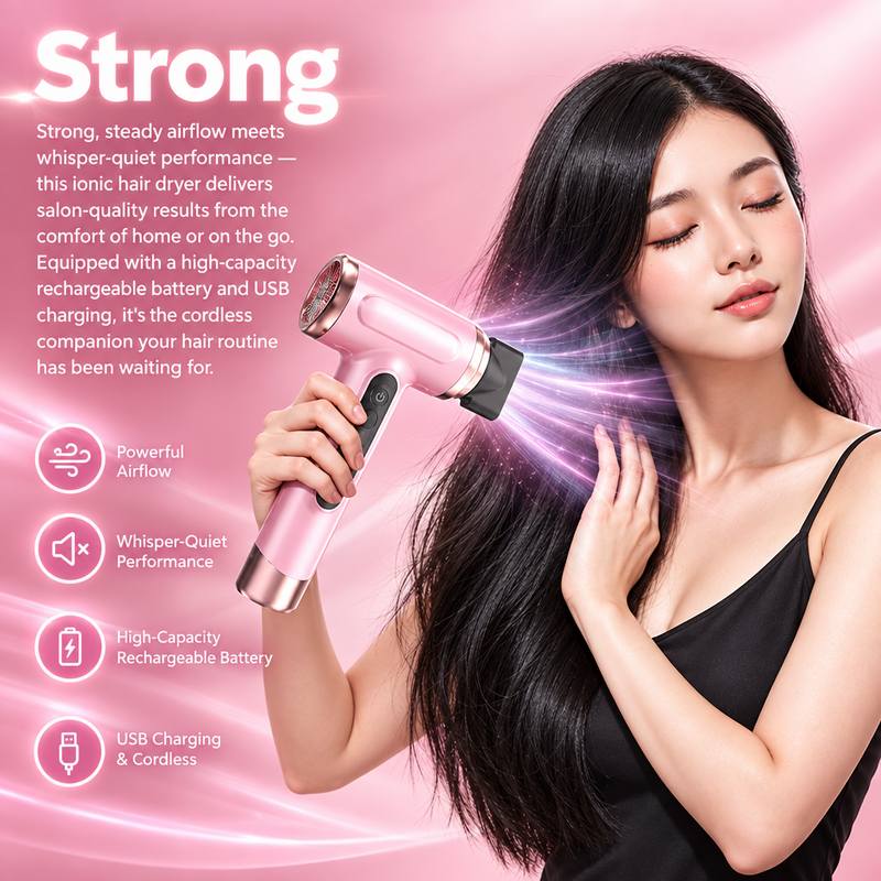 A woman with long black hair uses a pink handheld hair dryer with a metallic rose-gold accent. The image features marketing text and icons highlighting features like powerful airflow, whisper-quiet performance, high-capacity battery, and USB charging, all set against a pink background.