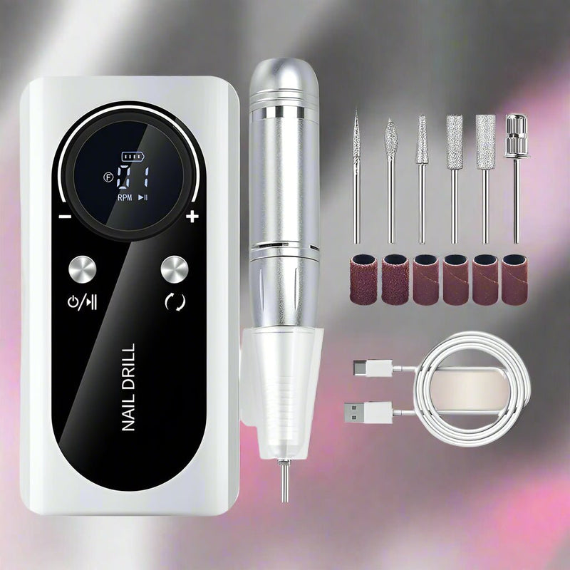 Danoz Beauty - White Professional USB Rechargeable Nail Drill Machine - 45000RPM Portable E - File Kit for Acrylic, Gel, Polishing & Manicure - danozdirect