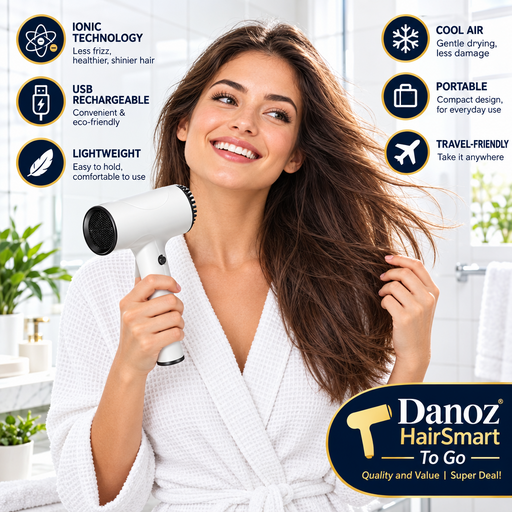 Danoz Beauty - White Ultra - Lightweight Ionic Cordless Hair Dryer, USB Rechargeable Portable Blow Dryer with Cool Air for Travel & Home - danozdirect