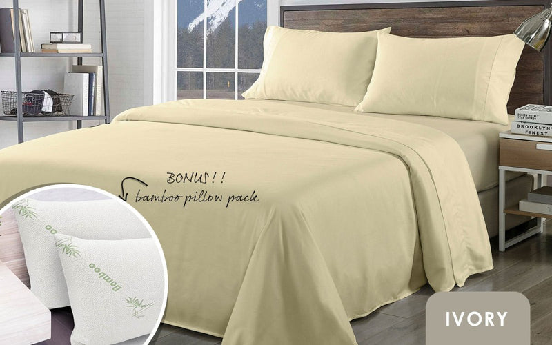 Danoz Beddings - Royal Comfort Bamboo Blend Sheet Set 1000TC Plus 2 Free Bamboo Pillows Ultra Soft - King - Ivory - danozdirect