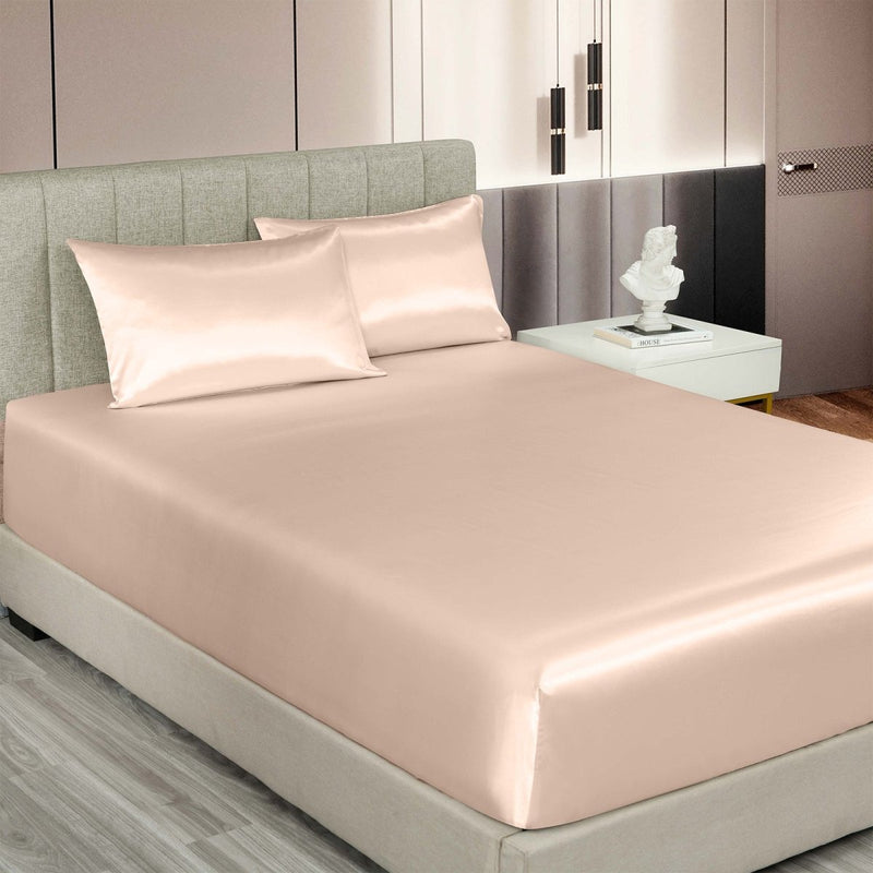 Danoz Beddings - Royal Comfort Satin Sheet Set 3 Piece Fitted Sheet Pillowcase Soft - King - Champagne Pink - danozdirect