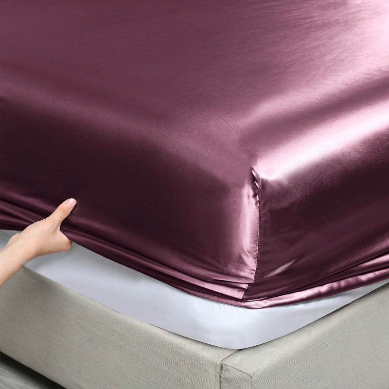 Danoz Beddings - Royal Comfort Satin Sheet Set 3 Piece Fitted Sheet Pillowcase Soft - King - Malaga Wine - danozdirect