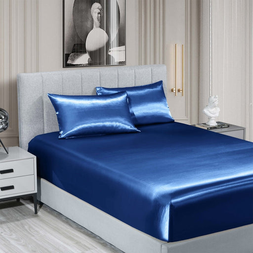 Danoz Beddings - Royal Comfort Satin Sheet Set 3 Piece Fitted Sheet Pillowcase Soft - King - Navy Blue - danozdirect