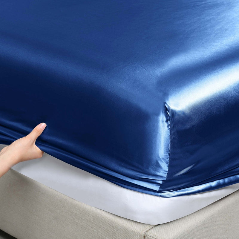 Danoz Beddings - Royal Comfort Satin Sheet Set 3 Piece Fitted Sheet Pillowcase Soft - King - Navy Blue - danozdirect