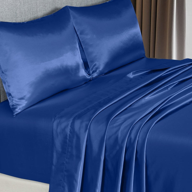 Danoz Beddings - Royal Comfort Satin Sheet Set 4 Piece Fitted Flat Sheet Pillowcases - King - Navy Blue - danozdirect