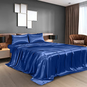 Danoz Beddings - Royal Comfort Satin Sheet Set 4 Piece Fitted Flat Sheet Pillowcases - King - Navy Blue - danozdirect