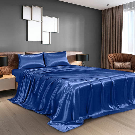 Danoz Beddings - Royal Comfort Satin Sheet Set 4 Piece Fitted Flat Sheet Pillowcases - King - Navy Blue - danozdirect