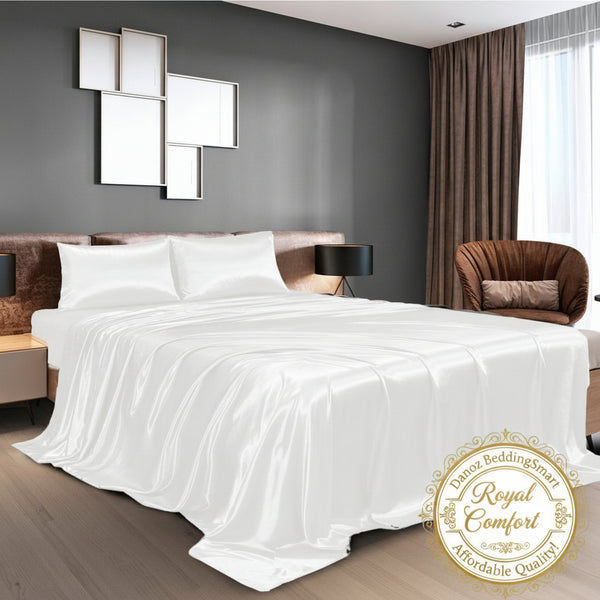 Danoz Beddings - Royal Comfort Satin Sheet Set 4 Piece Fitted Flat Sheet Pillowcases - King - White - danozdirect