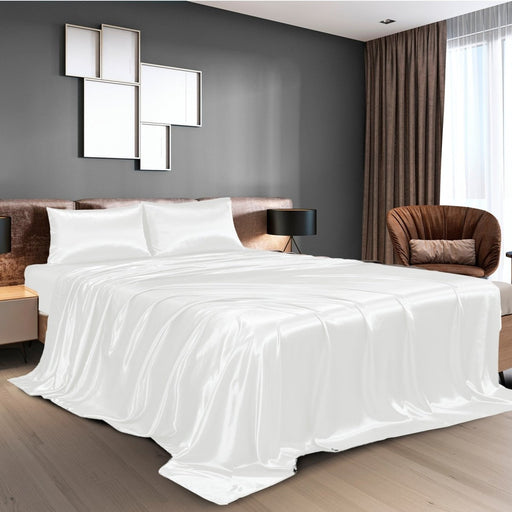 Danoz Beddings - Royal Comfort Satin Sheet Set 4 Piece Fitted Flat Sheet Pillowcases - King - White - danozdirect