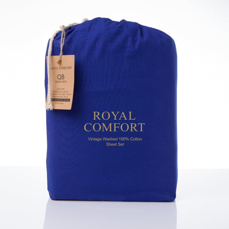 Danoz Beddings - Royal Comfort Vintage Washed 100% Cotton Sheet Set Fitted Flat Sheet Pillowcases - Double - Royal Blue - danozdirect