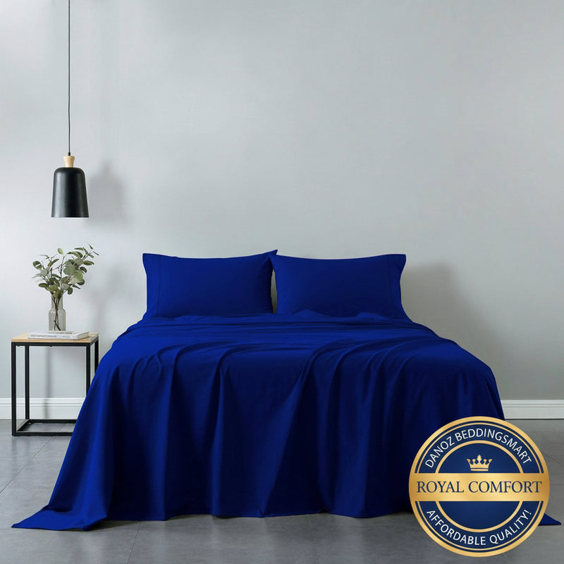 Danoz Beddings - Royal Comfort Vintage Washed 100% Cotton Sheet Set Fitted Flat Sheet Pillowcases - Double - Royal Blue - danozdirect