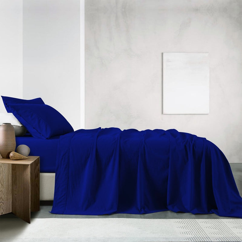 Danoz Beddings - Royal Comfort Vintage Washed 100% Cotton Sheet Set Fitted Flat Sheet Pillowcases - Double - Royal Blue - danozdirect