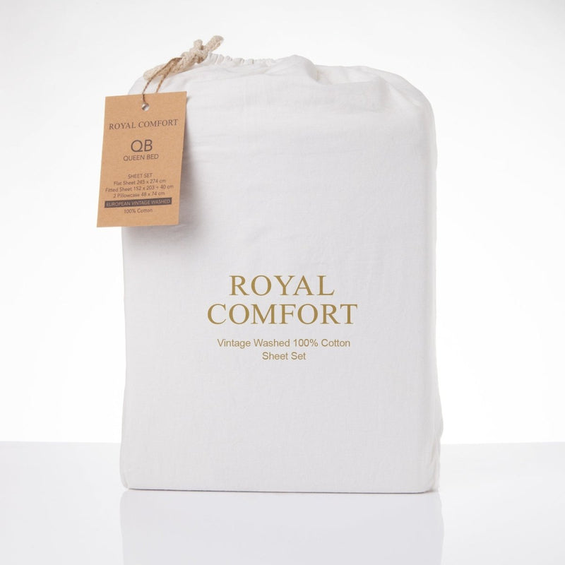 Danoz Beddings - Royal Comfort Vintage Washed 100% Cotton Sheet Set Fitted Flat Sheet Pillowcases - King - White - danozdirect