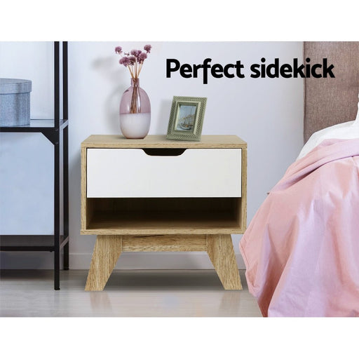 Danoz Bedrooms 🛏️ Artiss Bedside Table 1 Drawer with Shelf - IKER White & Oak - Incl. Postage - danozdirect
