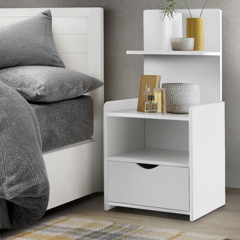 Danoz Bedrooms 🛏️ Artiss Bedside Table 1 Drawer with Shelves - EVERMORE White - Incl. Delivery - danozdirect