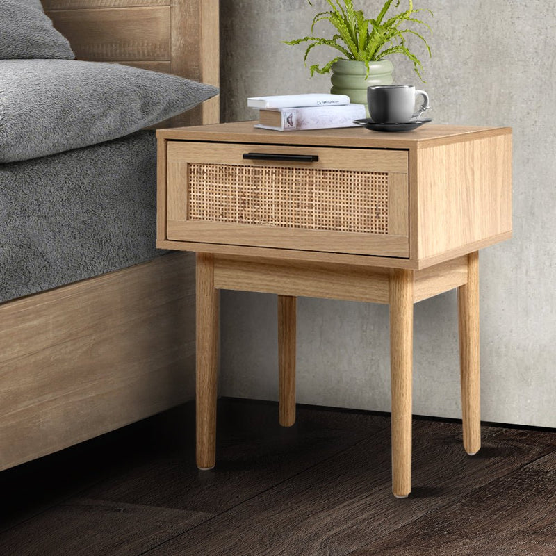 Danoz Bedrooms 🛏️ Artiss Bedside Tables Table 1 Drawer Storage Cabinet Rattan Wood Nightstand - danozdirect