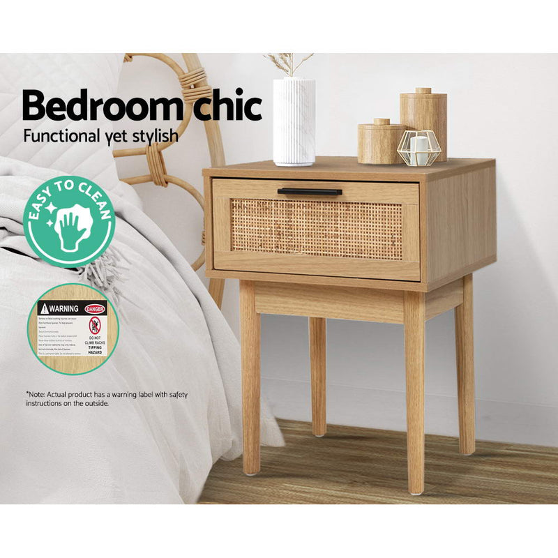 Danoz Bedrooms 🛏️ Artiss Bedside Tables Table 1 Drawer Storage Cabinet Rattan Wood Nightstand - danozdirect