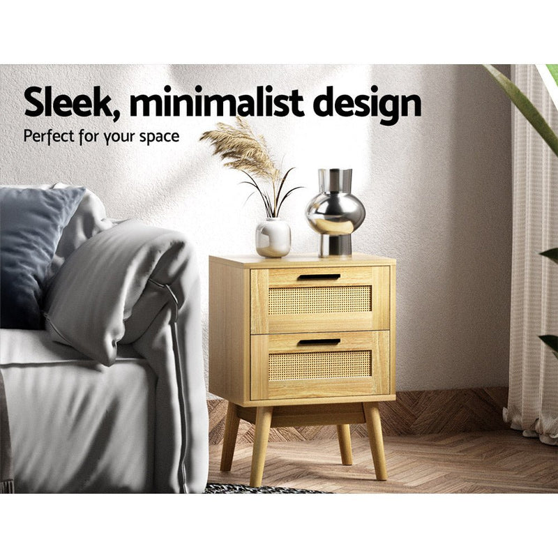 Danoz Bedrooms - Artiss Rattan Bedside Table 2 Drawers Wood - RIE Oak - danozdirect