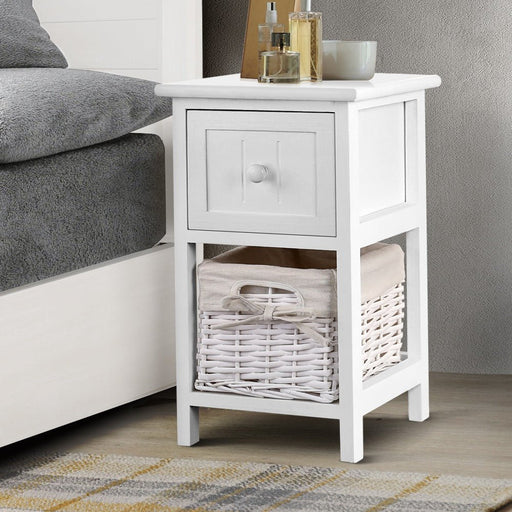 Danoz Bedrooms 🛏️ Buy 1 Get 1 - Artiss Bedside Table 1 Drawer with Basket Rustic White - Incl. Delivery - danozdirect