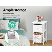 Danoz Bedrooms 🛏️ Buy 1 Get 1 - Artiss Bedside Table 1 Drawer with Basket Rustic White - Incl. Delivery - danozdirect