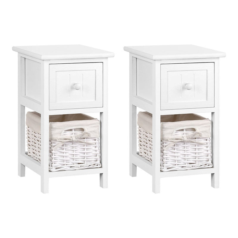 Danoz Bedrooms 🛏️ Buy 1 Get 1 - Artiss Bedside Table 1 Drawer with Basket Rustic White - Incl. Delivery - danozdirect