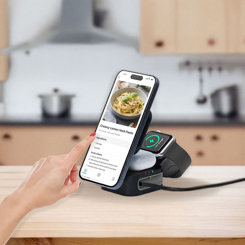 Danoz ChargeSmart 3 in 1 Foldable Wireless Charging Stand Black with retractable USB cable - danozdirect