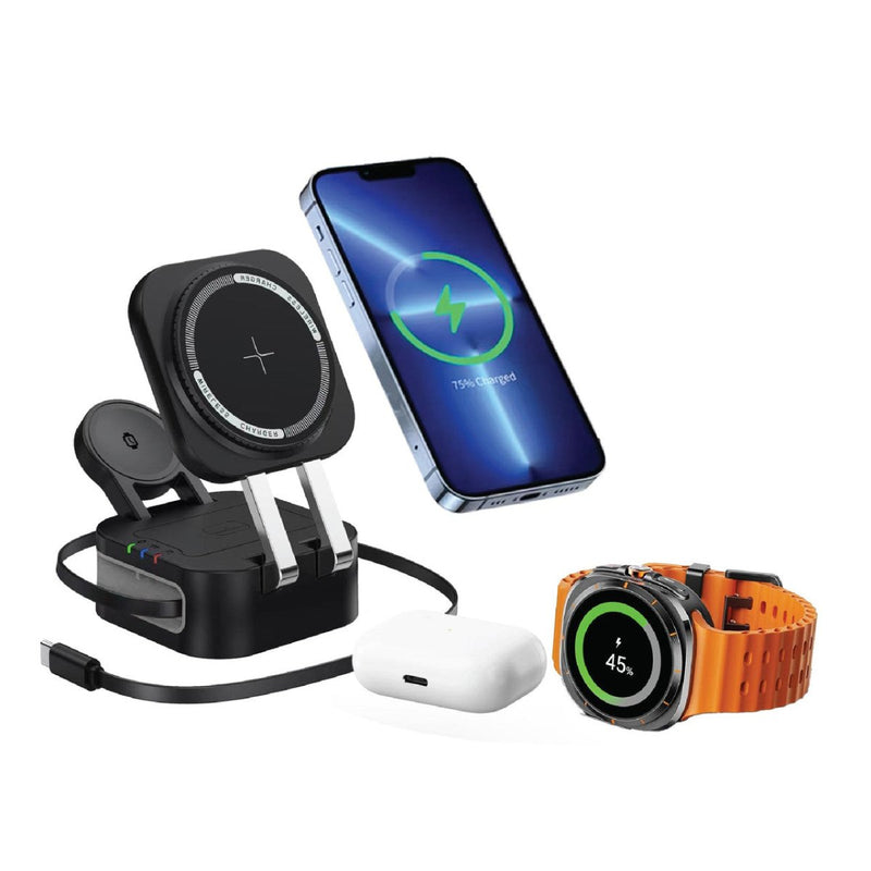 Danoz ChargeSmart 3 in 1 Foldable Wireless Charging Stand Black with retractable USB cable - danozdirect