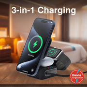 Danoz ChargeSmart 3 in 1 Foldable Wireless Charging Stand Black with retractable USB cable - danozdirect