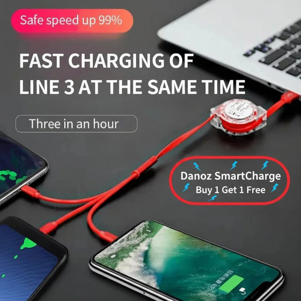 Danoz ChargeSmart - 3 - in - 1 Retractable Data USB Cable Fast Charging For iPhone Type - C Micro USB - Buy 1 Get 1 Free! - danozdirect