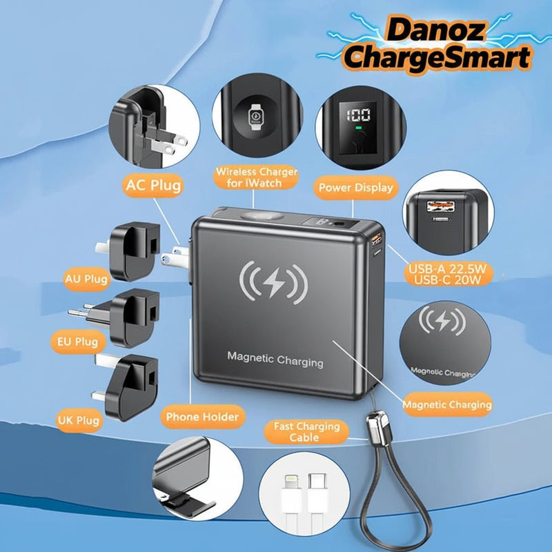Danoz ChargeSmart - International 15000mAh Magnetic Wireless Charger Power Bank for Phones and devices Power bank with all international AC Plugs - danozdirect