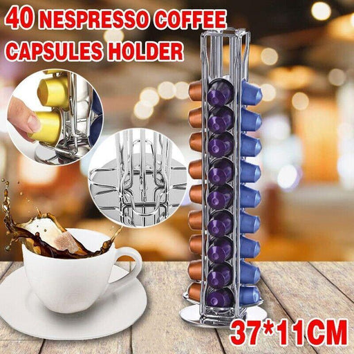 Danoz Coffee - 40 Capsules Rotating Coffee Pod Holder Rack for Nespresso Chrome Countertop Stand - danozdirect